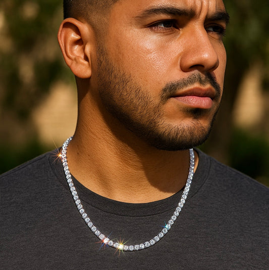 Hispanic male model wearing a 22-inch, 6mm moissanite tennis chain showcasing bright sparkle and luxury shine.