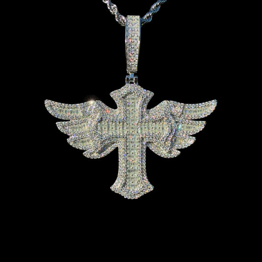 VVS1 Moissanite Wing Cross Pendant – Fully Flooded Shine